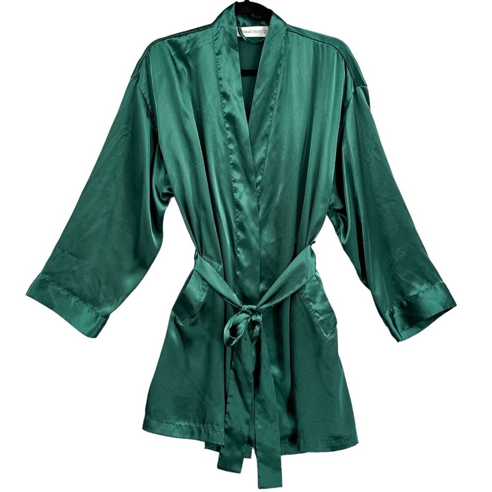 Victoria Secret Women OS Green Satin Robe Kimono Lounge Sleepwear Belted y2k 90s